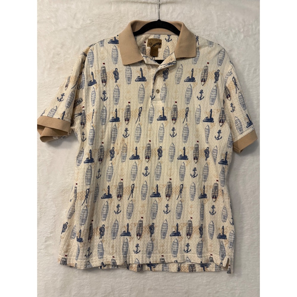Ivy Crew Explorer Mens Large Nautical Sailboat Anchor Polo Shirt Tan Blue Cotton
